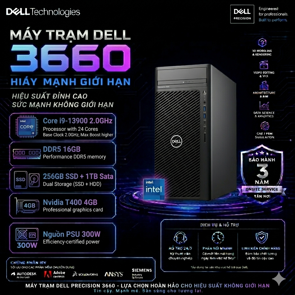 Máy Trạm Dell Precision 3660 Tower i9-13900 2.0GHz/ DDR5 16GB/ 256GB SSD + 1TB Sata/ Nvidia T400 4GB/ PSD 300W